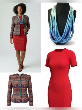Vintage Adrianna Papell Silk Paisley Jacket + Red Sweater Dress Capsule Size L